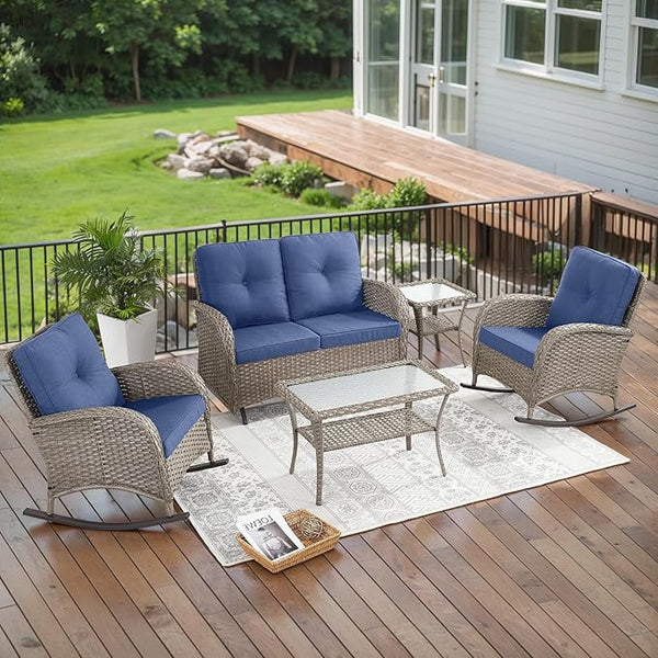Belord 5 Piece Outdoor Conversation Patio Furniture Set - All-Weather Wicker Patio Rocking Chairs with Loveseat Glider - Photo 1