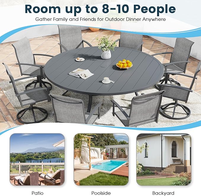 Patio Dining Table for 8-10, Round Metal Outdoor Table with 1.57" Umbrella Hole, 63" Outdoor Slat Tabletop Dining Table for Backyard, Porch, Lawn, Dark Grey