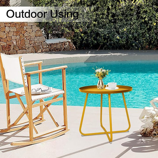 Babion Outdoor Side Tables,Round Weather Resistant Steel Patio Side Table,Small End Table for Patio Yard Porch Balcony Garden,Indoor & Outdoor All Gold