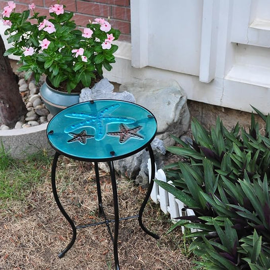 Patio Side Table - Outdoor Decorative Bistro Coffee Table, Glass End Table for Porch, Indoor Round Accent Table, Balcony Plant Rack