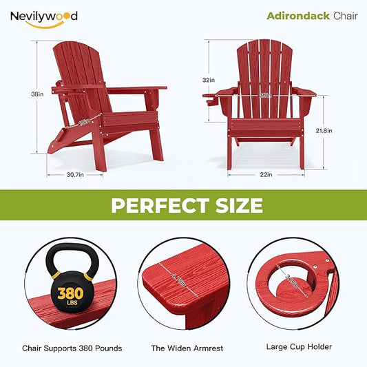 nevilywood Folding Adirondack Chair with Cup Holder,HDPE All-Weather Patio Chairs,Plastic Outdoor Chairs- Looks Exactly Like Real Wood-Red
