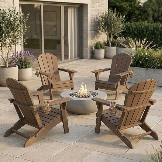 Kingdura Folding Adirondack Chairs Set of 4, Portable HDPE Outdoor Patio Chair with Wooden Textured & Cup Holder, All Weather Resistant, 380LBS Capacity for Pool, Backyard, Balcony, Fire Pit (Brown)