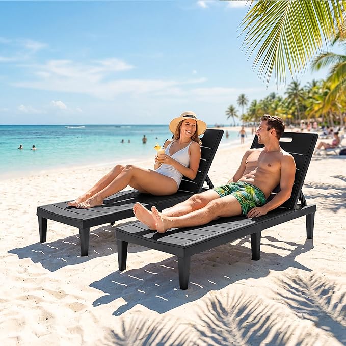 Homall Patio Chaise Lounge Chairs Set of 2, Outdoor Lightweight Lounge Chairs, 5 Position Adjustments Backrest for Outside Pool, Garden, Patio and Beach, Black