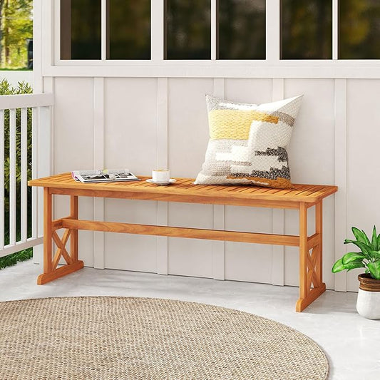 HAPPYGRILL Acacia Wood Outdoor Bench for 2-3 People, Patio Bench with Slatted Seat & X-Shaped Frame, for Porch Garden Backyard and Park (1)