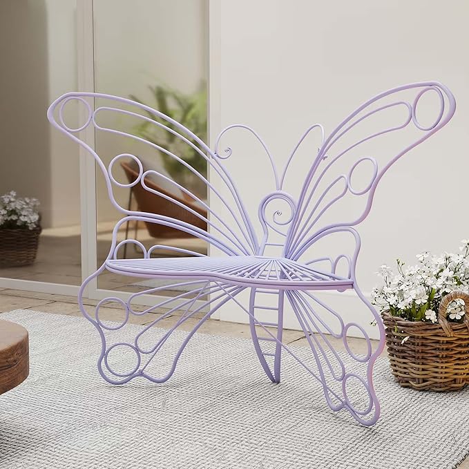 Pink Butterfly Benches Outdoors, Pretty Garden Bench & Cute Metal Outside Bench, Front Porch Benches Outdoor with Sturdy Frame for Lawn Yard Balcony (Purple)
