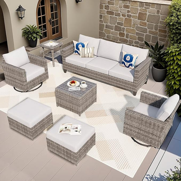 ovios Patio Furniture Set, 7 Pieces Outdoor Wicker Sofa Couch with Swivel Rocking Chairs Glass Table Comfy Cushions - Photo 1