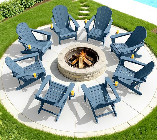 SERWALL Folding Adirondack Chair with Cup Holder Set of 2, All Weather Adirondack Chairs, Wooden Textured Fire Pit Chairs for Patio Garden Outdoors Fire Pit - Blue
