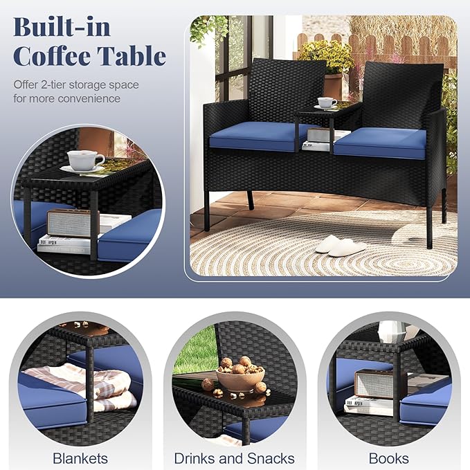 Tangkula Patio Loveseat with Built-in Table, Wicker 2-Seat Furniture with Soft Cushions & Tempered Glass Tabletop, Metal Frame Outdoor Conversation Seating Bench for Backyard, Porch