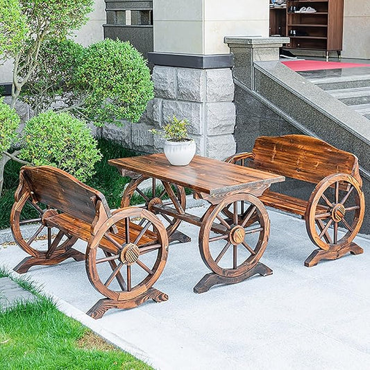 Outdoor Garden Bench, Wooden Wagon Wheel Bench Loveseat Chair Patio Furniture for Garden, Backyard, Porch, Park, Yard(150 * 55 * 79CM)