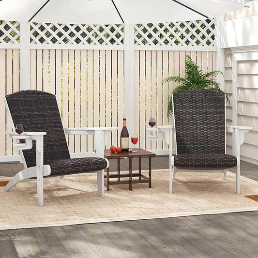 Tangkula Patio Wicker Adirondack Chair, HDPE Lounge Chair w/Rattan Padded Seat & Back, Wide Armrests & Hidden Cupholder, Outdoor All-Weather Adirondack Fire Pit Chair for Backyard, Lawn (2, White)