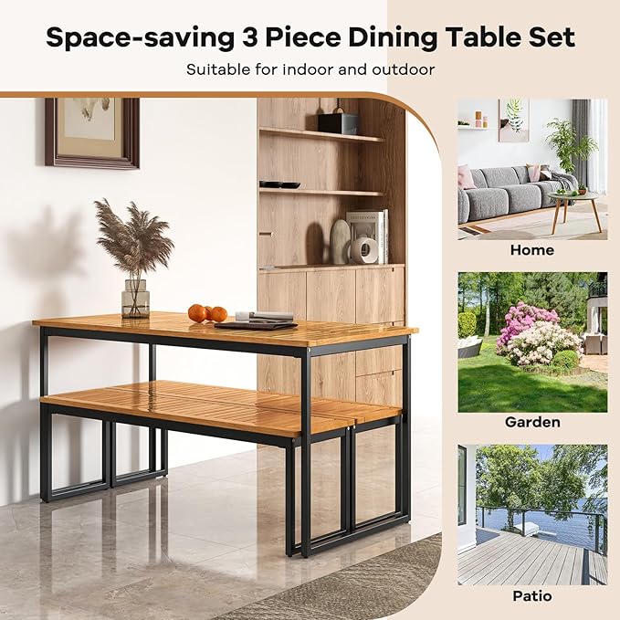 Tangkula Patio Dining Bench, 2-3-person Backless Bench with Slatted Seat & Metal Legs, Indoor Outdoor Bench for Entryway, Front Porch, Garden, Poolside, Farmhouse Kitchen Dining Seat