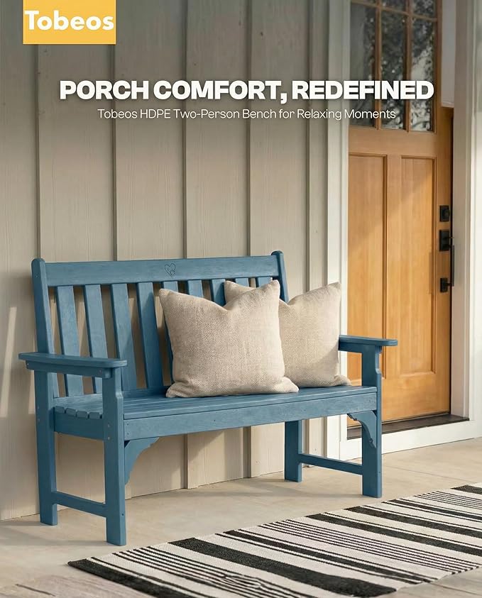 2-Person Outdoor Garden Bench, HDPE All-Weather Patio Bench with Backrest & Armrests, Heavy Duty Outdoor Seating for Porch, Backyard & Park, 660 lbs (Navy Blue, 2 Benches)