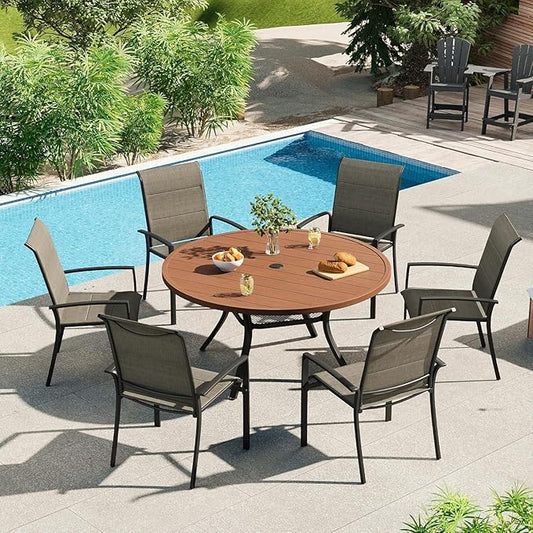 VICLLAX Round Patio Dining Table for 4-6, Outdoor Metal Dining Table with Umbrella Hole for Deck Lawn Garden Backyard, 47.2" Walnut