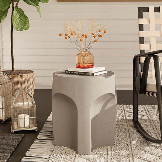 COSIEST Set of 2 Concrete Side Table Drum Shape, 2 Pieces Outdoor Side Table, Patio Accent Cement End Tables, Garden Decorative Stool, Plant Stand Drum Table, Grey