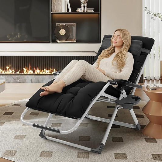 VINGLI 29" Padded Zero Gravity Chair, Lounge Chair with Removable Cushion & Tray, Folding Reclining Patio Chairs, Recliner Chair for Lawn,Indoor Outdoor-Black