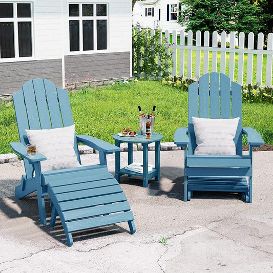 MXIMU Folding Adirondack Ottoman Outdoor: HIPS Plastic Patio Footstool Easy Assembly - All Weather FootRest Foot Stool for Adirondack Chair Use in Garden Lawn Backyard Pool (Blue)