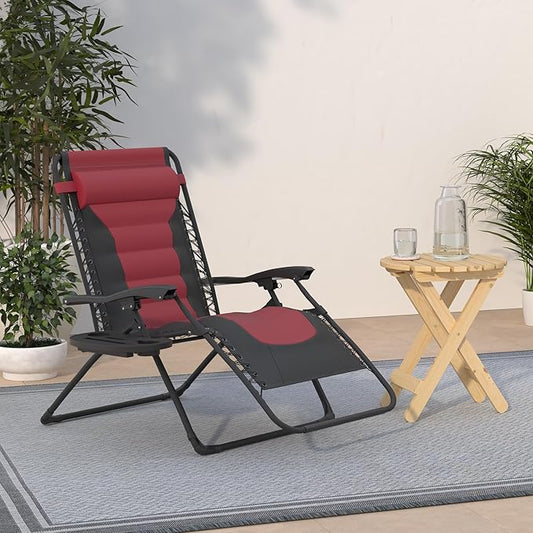Best Choice Products Oversized Padded Zero Gravity Chair, Folding Outdoor Patio Recliner, XL Anti Gravity Lounger for Backyard w/Headrest, Cup Holder, Side Tray, Polyester Mesh - Burgundy