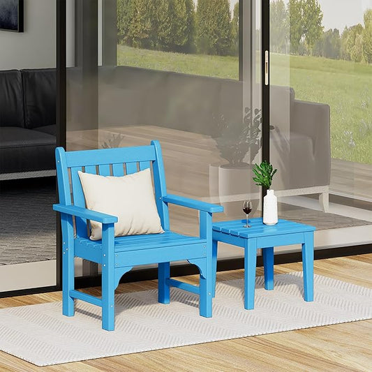 Costaelm Outdoor Patio Table and Chairs Set of 2, 2-Piece HDPE Garden Chair with Square Adirondack Side Table Set, Porch Chairs Coffee Table for Outside Porch Backyard, Pacific Blue