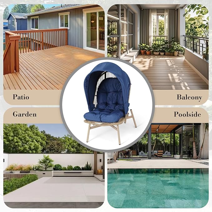 Athena Collection Patio Wicker Egg Chair with Folding Canopy, All-Weather Rattan Patio Lounge Chair with Sun Shade, Balcony Furniture Outside Seating for Front Porch, Garden, Poolside, Outdoor, Blue