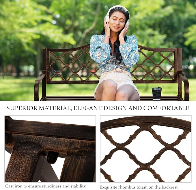 AJP Distributors 50" Outdoor Bench Garden Bench with Diamond Pattern Steel Metal Frame Park Bench Cast Iron Backrest Armrests for Patio Lawn Yard Deck Front Porch Backyard Driveway Balcony Furniture