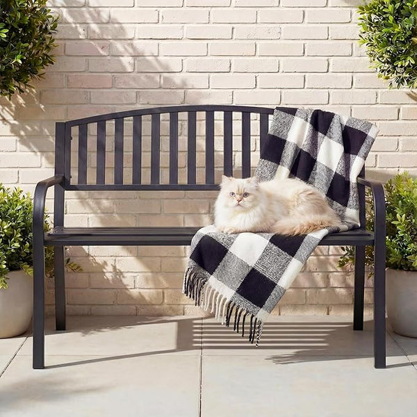 50" Outdoor Garden Bench, Iron Metal Frame Patio Bench with Backrest Armrests, Weatherproof Anti-Rust Outdoor Bench for Front Porch, Park, Yard, Patio (402-32BK)