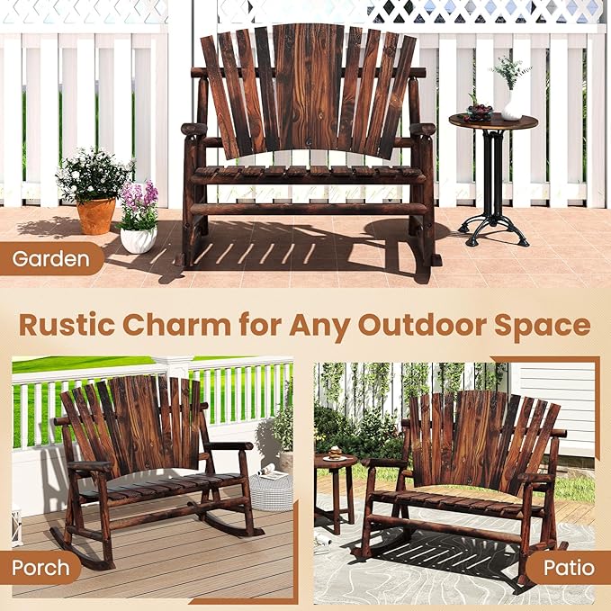 Giantex 2 Pcs Outdoor Wooden Rocking Bench, 2-Person Adirondack Porch Rocker Chair with High Back and Slatted Seat, Rustic Log Loveseat for Front Porch Patio, Backyard, Garden, Brown, 51”x38”x46”