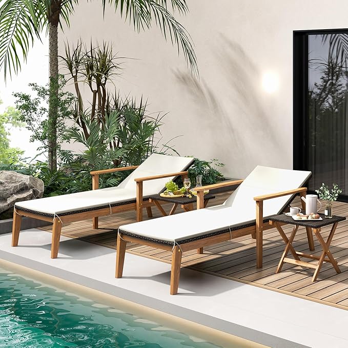 Tangkula Outdoor Chaise Lounge Chair, Rattan Patio Recliner with Armrests & 4-Level Backrest Adjustment, Cushioned Acacia Wood Patio Lounge Chair for Poolside, Backyard, Balcony