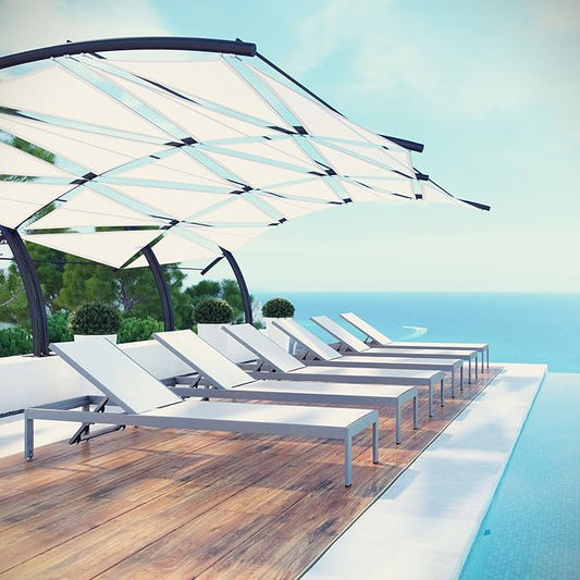 Modway Shore Aluminum Textilene® Mesh Outdoor Patio Six Poolside Chaise Lounge Chairs in Silver White