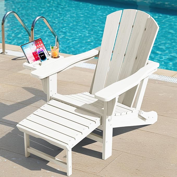 KINGYES Folding Adirondack Chair, Adjustable Backrest with Pull-Out Footrest & 4-in-1 Mobile Phone, Tablet, Cup Holder