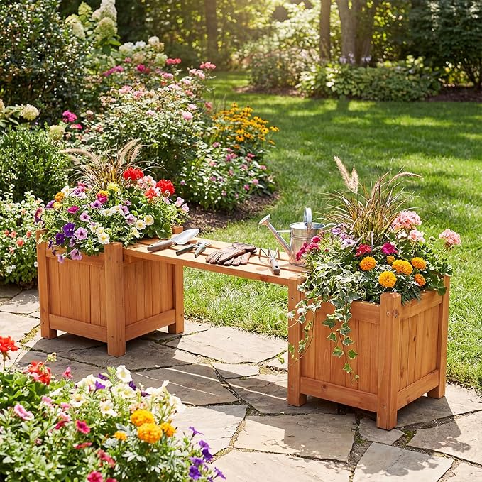 HAPPYGRILL Outdoor Bench with 2 Raised Garden Beds, 2-in-1 Outdoor Planter Box with Open-Ended Base, Wooden Garden Bench for Flowerpots, Indoor Patio Yard Porch Decoration (1)