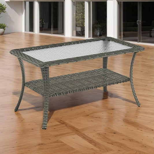 Rilyson Patio Tables Outdoor Coffee Table - Wicker Rattan Coffee Tables with 2-Tier Storage Shelf Glass Top for Outside Proch Deck Balcony Garden Rectangle Mixed Grey