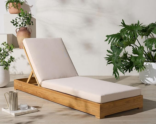 SAFAVIEH Couture Outdoor Patio Furniture Collection - Montford Brazilian Teak Chaise Lounge with Beige Cushions, Adjustable Backrest (CPT1065)