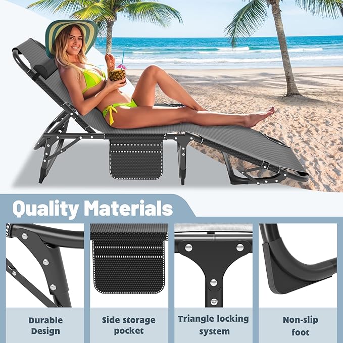 Slsy Folding Chaise Patio Lounge Chairs, Outdoor Reclining Patio Chairs, Heavy Duty Patio Chairs Chaise Lounges for Tanning, Poolside, Beach, Lawn, Camping