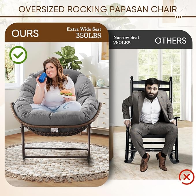 Large Indoor Rocking Chair, Oversized Rocking Papasan Chair with Thick Cushion and Frame,Comfy Teddy Rocker Wicker Egg Chairs Lounge Reading Chair for Living Room, Bedroom, Apartment, Light Grey