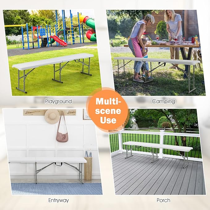 S AFSTAR 2PCS Plastic Folding Bench, 6FT Outdoor Camping Picnic Benches with Handle and Lock, 550 LBS Load, 8-Person Lightweight & Portable Benches for Outside Indoor, No Assembly Required, White