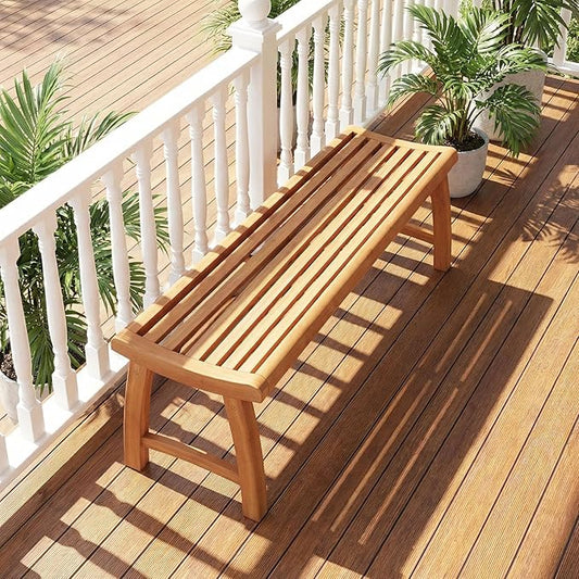 Tangkula Teak Wood Outdoor Bench, 2-Person Patio Backless Garden Dining Bench with Contoured Slatted Seat, 800 lbs Capacity, Outside Seating Furniture for Porch, Balcony, Deck & Yard (Natural)
