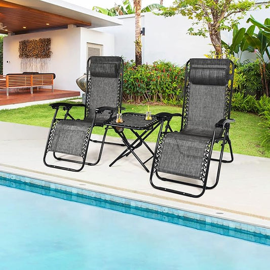 Tangkula 3 Pieces Outdoor Zero Gravity Chair Set, Folding Reclining Lounge Chair with Adjustable Backrest, Head Pillow, Matching Table with Cup Holder, Camping Recliner for Poolside, Yard (Grey)