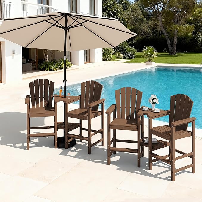KINGYES Tall Adirondack Chair Set of 4, All Weather HDPE Embossed Balcony Height Chair with Double Connecting Trays, Tall Poly Adirondack Chair, High Airondack Chair with Wood Grain, Garden, Brown