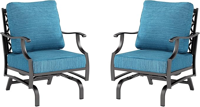 Metal Outdoor Rocker Patio Chairs Set of 2 with 5.75" Extra Thick Cushion, 2 Piece High Back Rocker Patio Chairs All Weather Outdoor Furniture Seating for Deck Balcony Porch, Blue-2