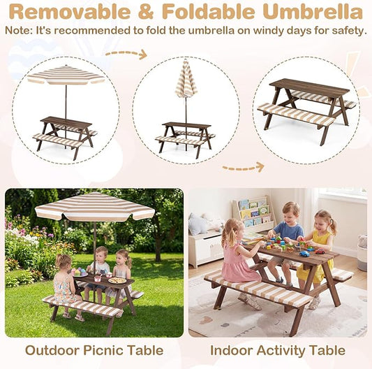 Costzon Kids Picnic Table, Wooden Toddler Outdoor Table & Bench Set with Removable Umbrella & Cushions, Stripe Fabric, Kids Outdoor Furniture for Patio Backyard Garden, Fits 4 Children Age 3+ (Coffee)