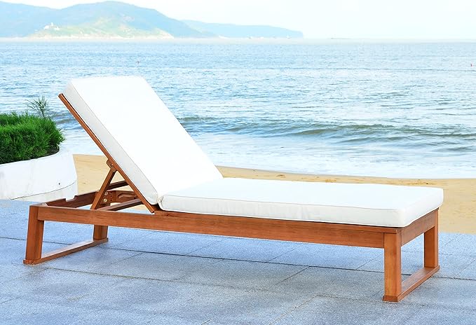 SAFAVIEH Outdoor Collection Solano Natural Brown Solid Wood/Beige Cushion Patio Adjustable Chaise Lounge Chair (PAT7024A)