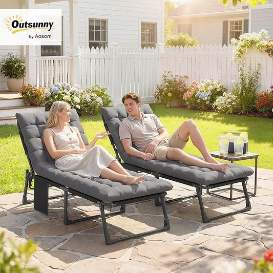 Outsunny Chaise Lounge Chair Outdoor Set of 2, 5-Position Reclining Pool Lounge Chairs with Cushions, Side Pocket, Headrest, Folding Lounger Tanning Chair Camping Cot for Patio, Beach, Dark Gray