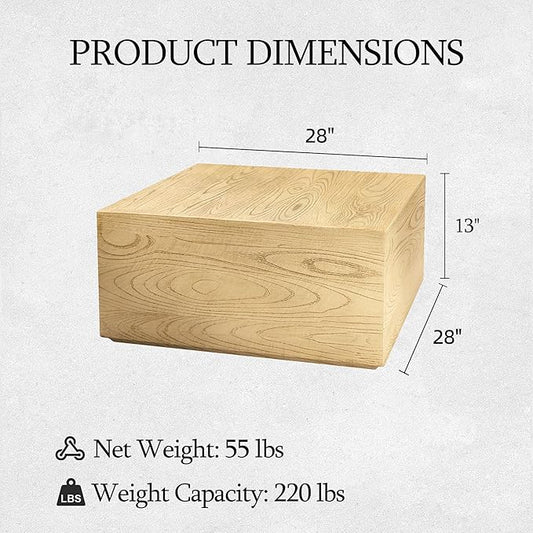 UPHA 28" Square Outdoor Coffee Table, Modern Hollow Concrete Patio Table, Small Minimalist Low Accent Table for Living Room, Balcony, Deck, Backyard, Natural Wood Finish
