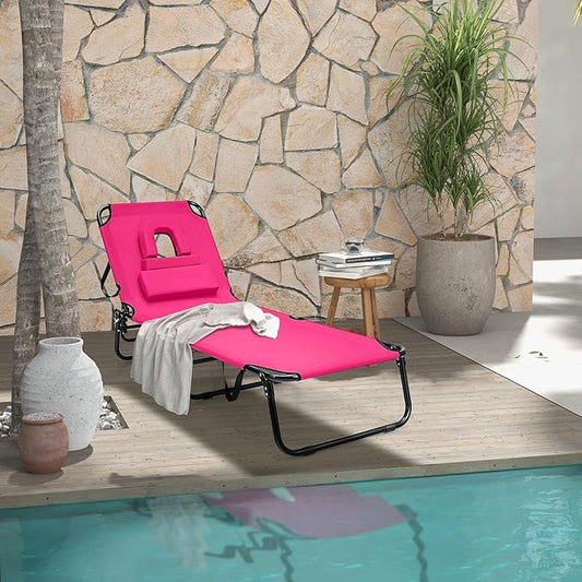 Goplus Tanning Chair, Folding Beach Lounge Chair with Face Hole, Removable Pillow, Carry Strap, Position Adjustable, Sunbathing Chair, Portable Outside Lounge Chair for Patio Pool