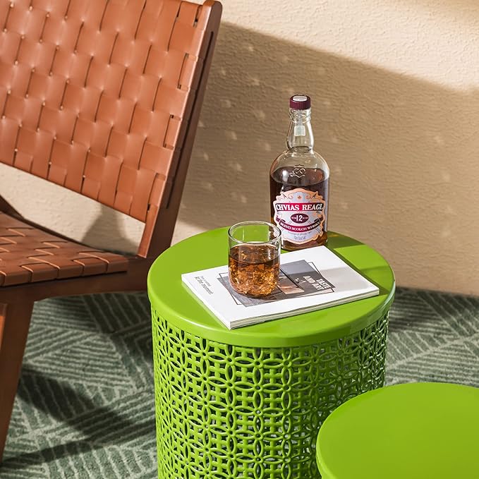 Glitzhome Outdoor Side Table Set of 2, Decorative Garden Stool for Patio Heavy Duty Metal Frame Accent Table Modern End Table, Glossy Green