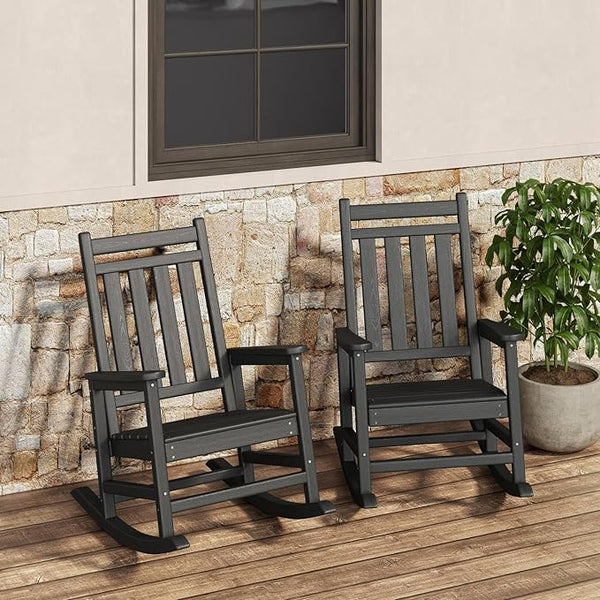 Rocking Chair Outdoor Set of 2 - HDPE Poly High Back Porch Rocker Chairs for Adults - All Weather Resistant Furniture - Photo 1