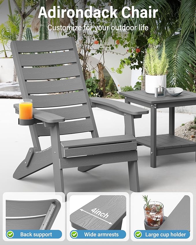 YEFU Classic Folding Adirondack Chair: Oversized Heavy Duty Adirondack Chairs with Comfort Arc Backrest & Cup Holder - All Weather HIPS Plastic Fire Pit Chair for Outdoor Patio Lawn Garden Grey