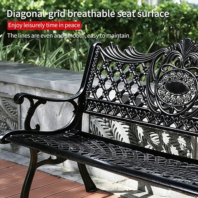 51" Outdoor Bench Garden Bench Cast Aluminum Bench with Floral Back Metal Front Porch Benches for Yard Patio Entryway Park (Matte Black)
