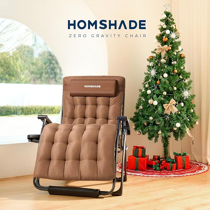 HOMSHADE XXL Zero Gravity Chair with Cushion, 33In Oversized Zero Gravity Lounge Chair, Patio Outdoor Recliner Chair for Indoor Outdoor with Headrest, Cup Holder, Footrest Support 500Lbs, Brown