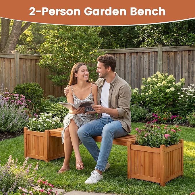 2-in-1 Outdoor Planter Box with Bench, Outdoor Bench with 2 Raised Garden Beds, Open-Ended Base Planter Box, Teak Oil Finish Wood Seat, Garden Bench Seat for Porch Balcony Lawn Yard